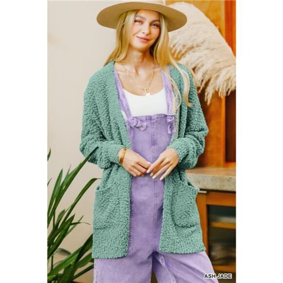 Zenana Long Sleeve Popcorn Sweater Cardigan with Pockets - Picture 1 of 2